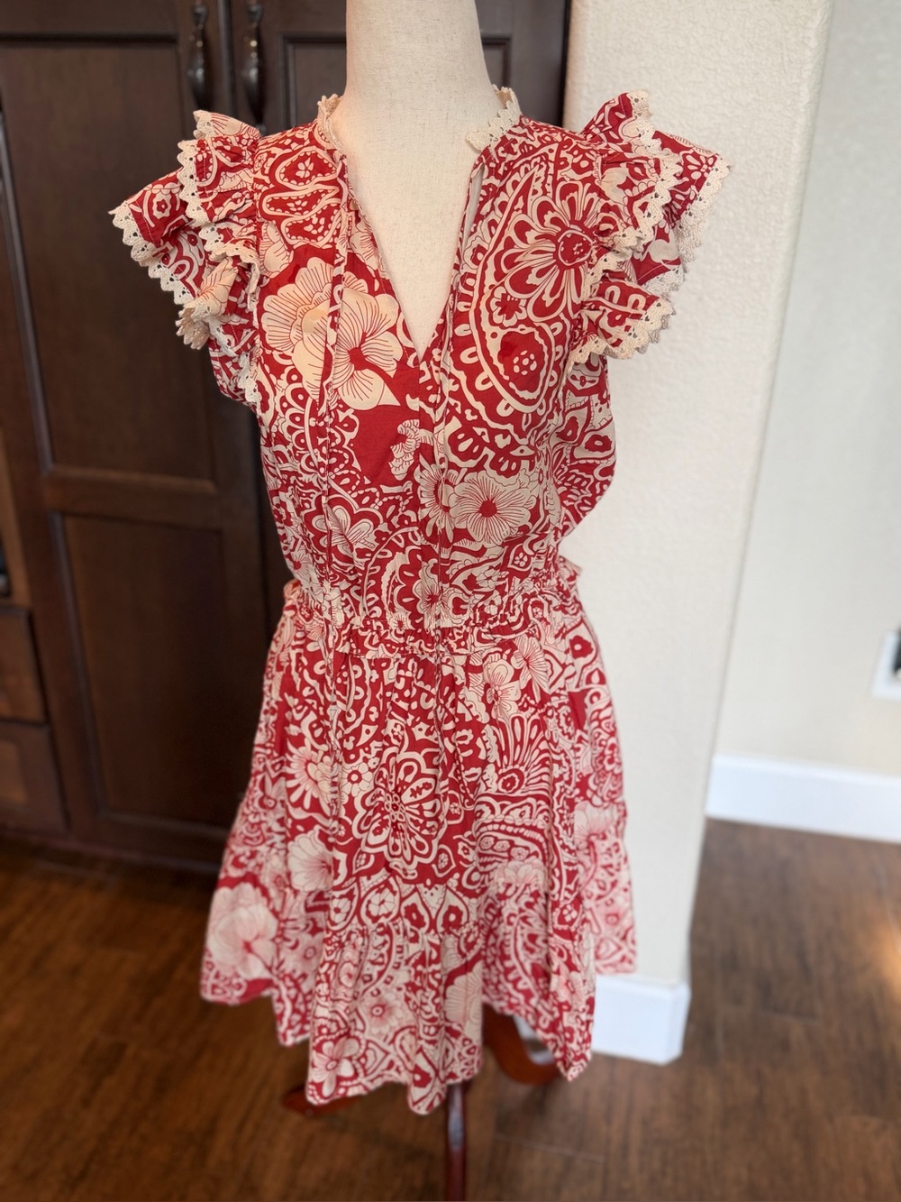 PINCH Women’s Red Cream Floral Paisley Ruffle Sleeve Dress Boho